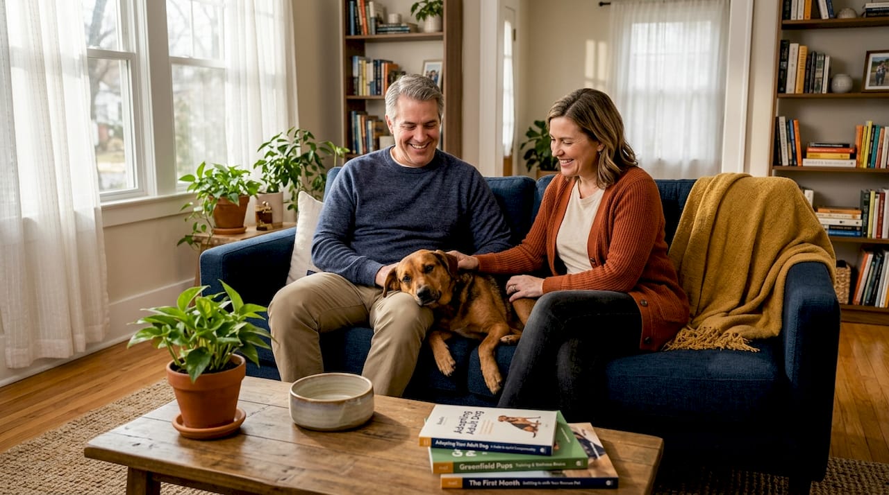 Couple with happy adopted dog at home