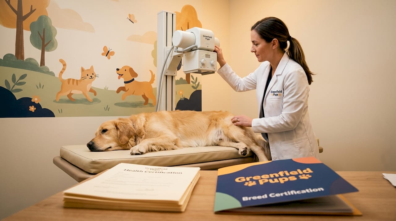 Veterinarian conducting dog hip x-ray exam