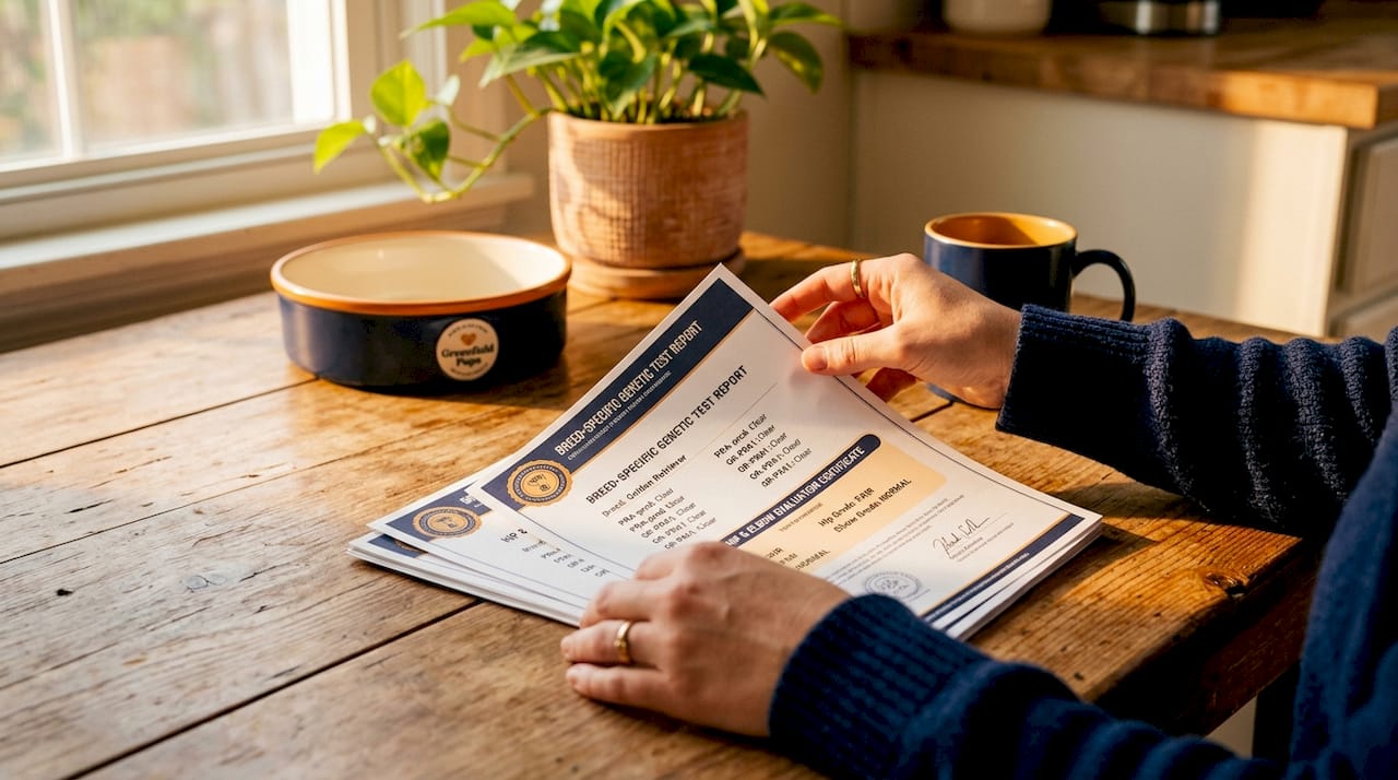 Hands reviewing puppy health test certificates