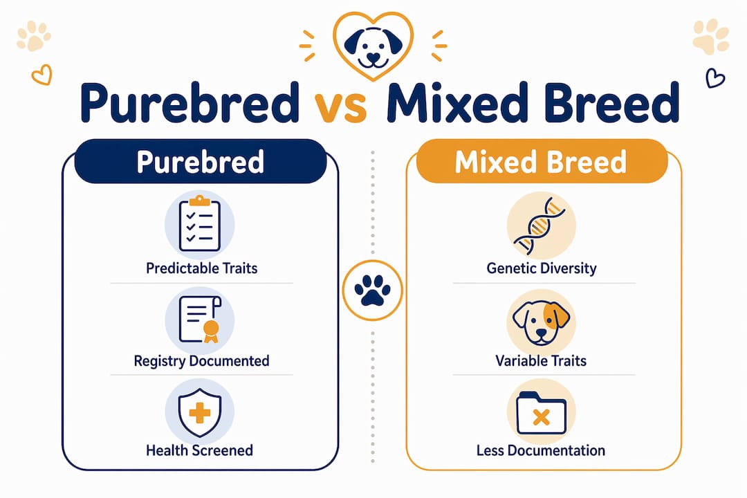 Comparison infographic of purebred and mixed breed dogs