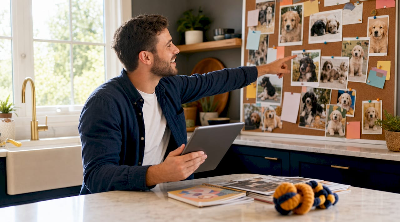 Breeder preparing puppy marketing materials in home office