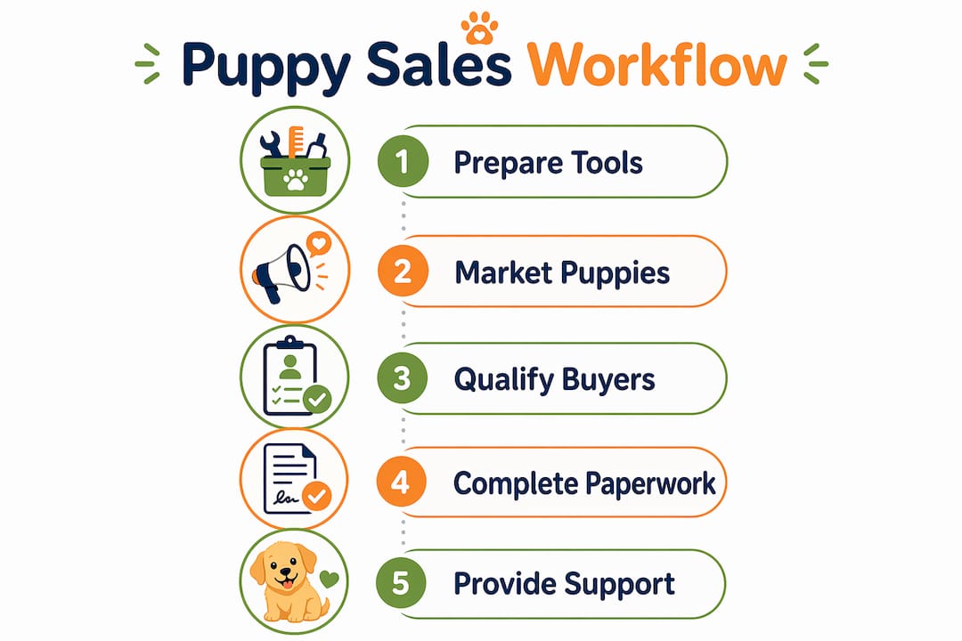 Infographic illustrating the puppy sales step-by-step workflow
