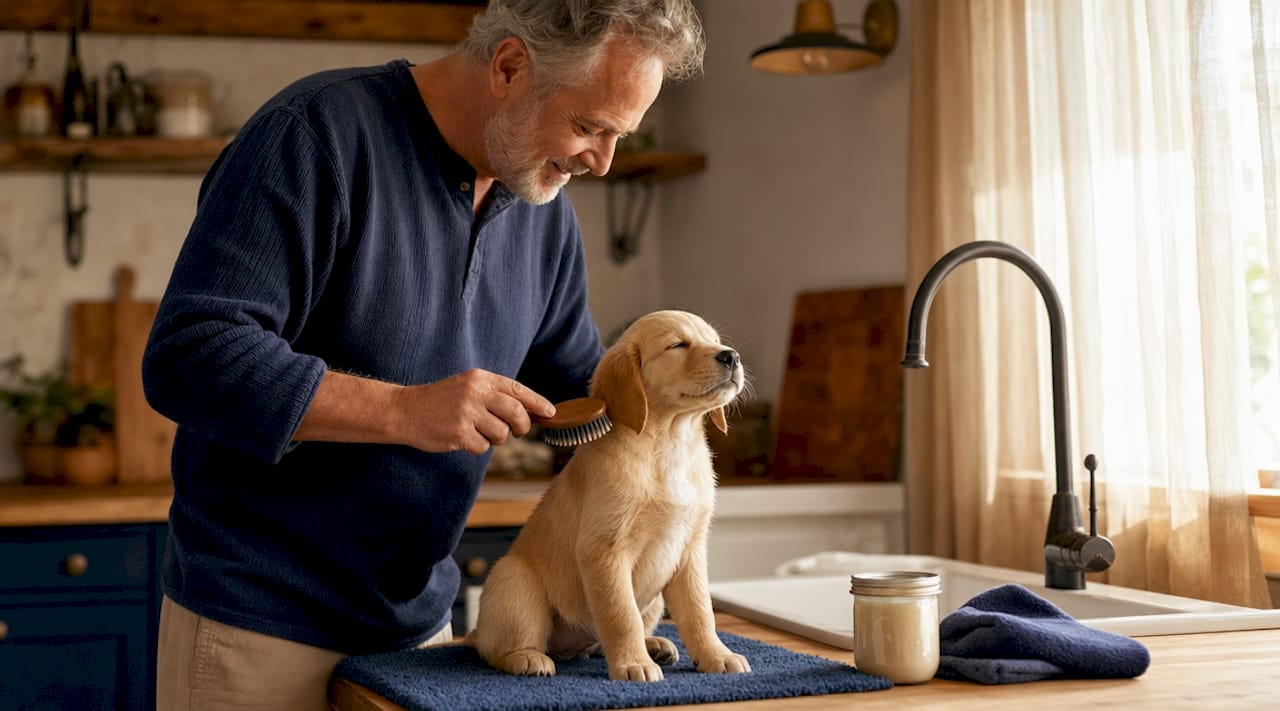Man brushing shiny puppy coat indoors