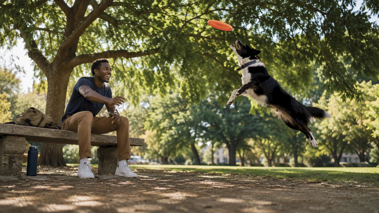 Young man playing fetch with foster dog outdoors