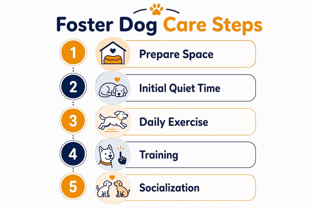 Infographic illustrating foster dog care steps in sequence