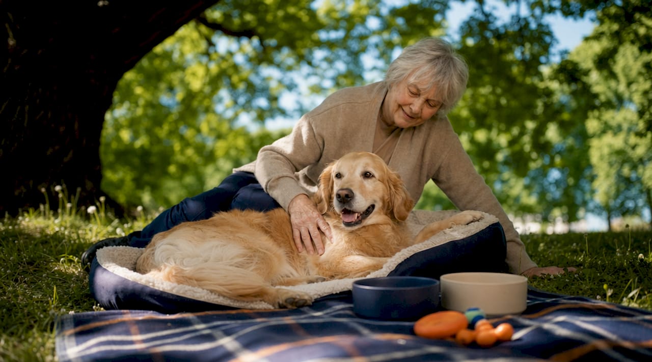 Volunteer petting relaxed dog in quiet decompression zone