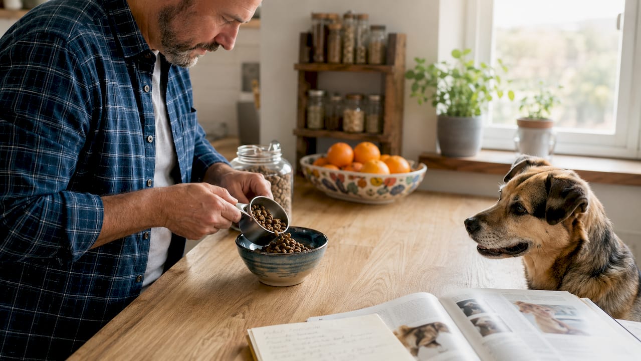 Man preparing nutritious dog food at home kitchen