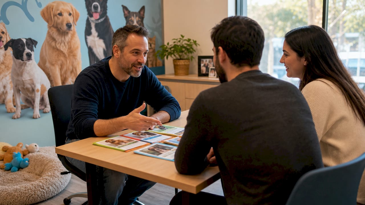 Adoption counselor discussing pet choices with couple