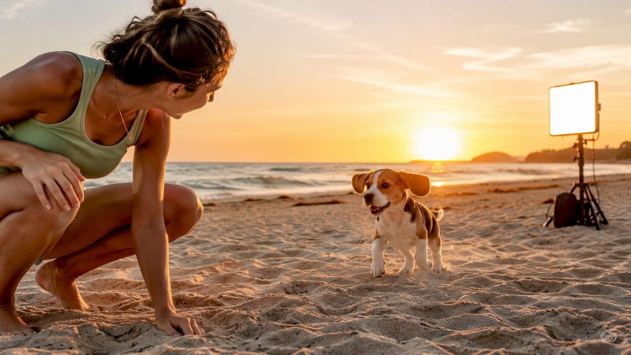 Handler engaging beagle puppy with toy outdoors