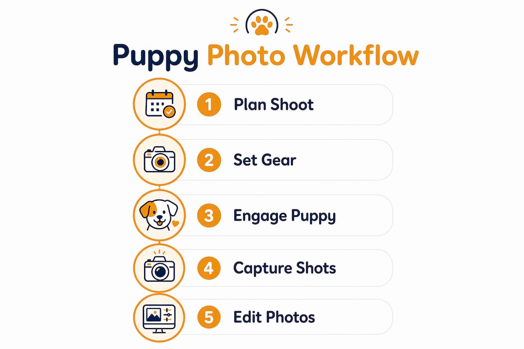 Infographic illustrating puppy photography workflow steps