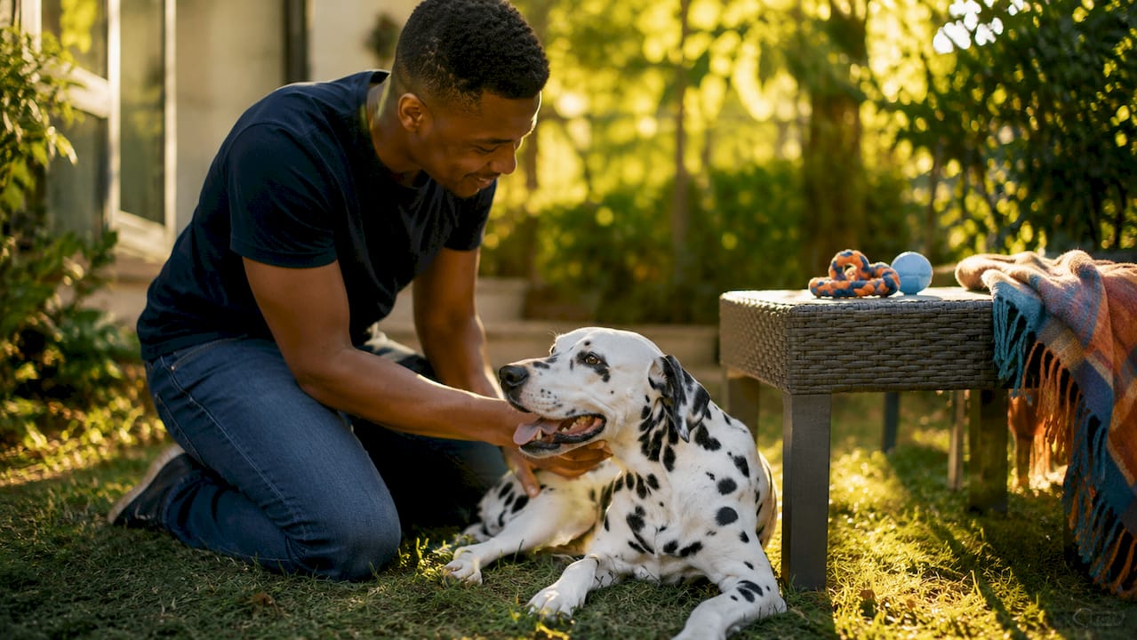 Foster home scene with man gently petting a Dalmatian dog