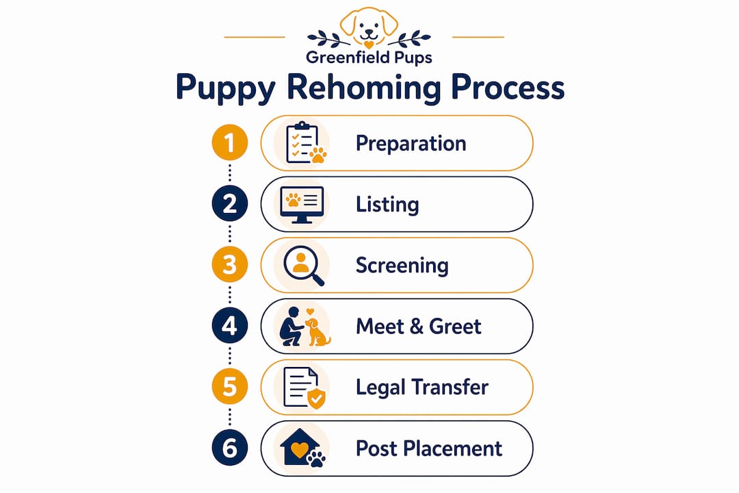 Infographic illustrating steps in puppy rehoming