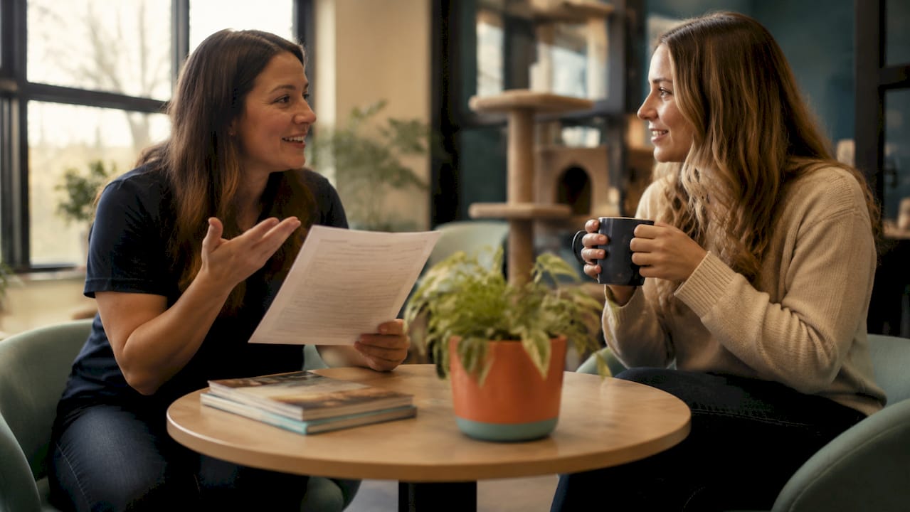 Hands of shelter volunteer and adopter in conversation
