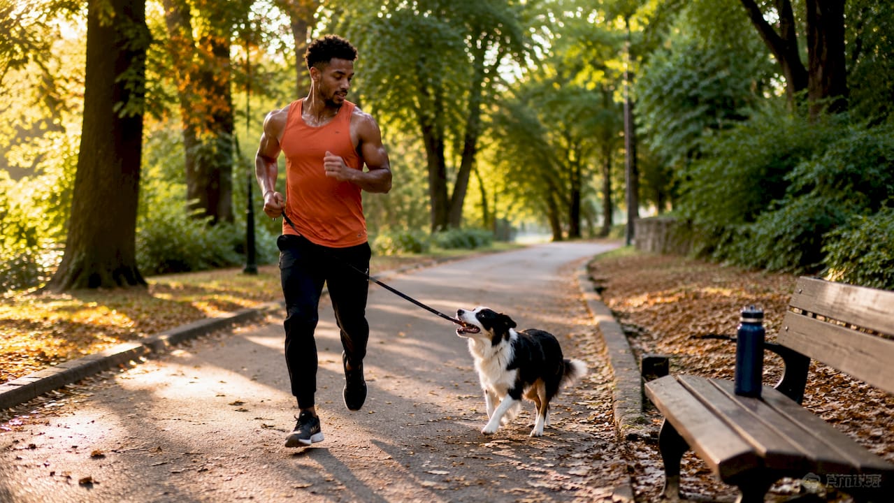 Man jogging with border collie in park