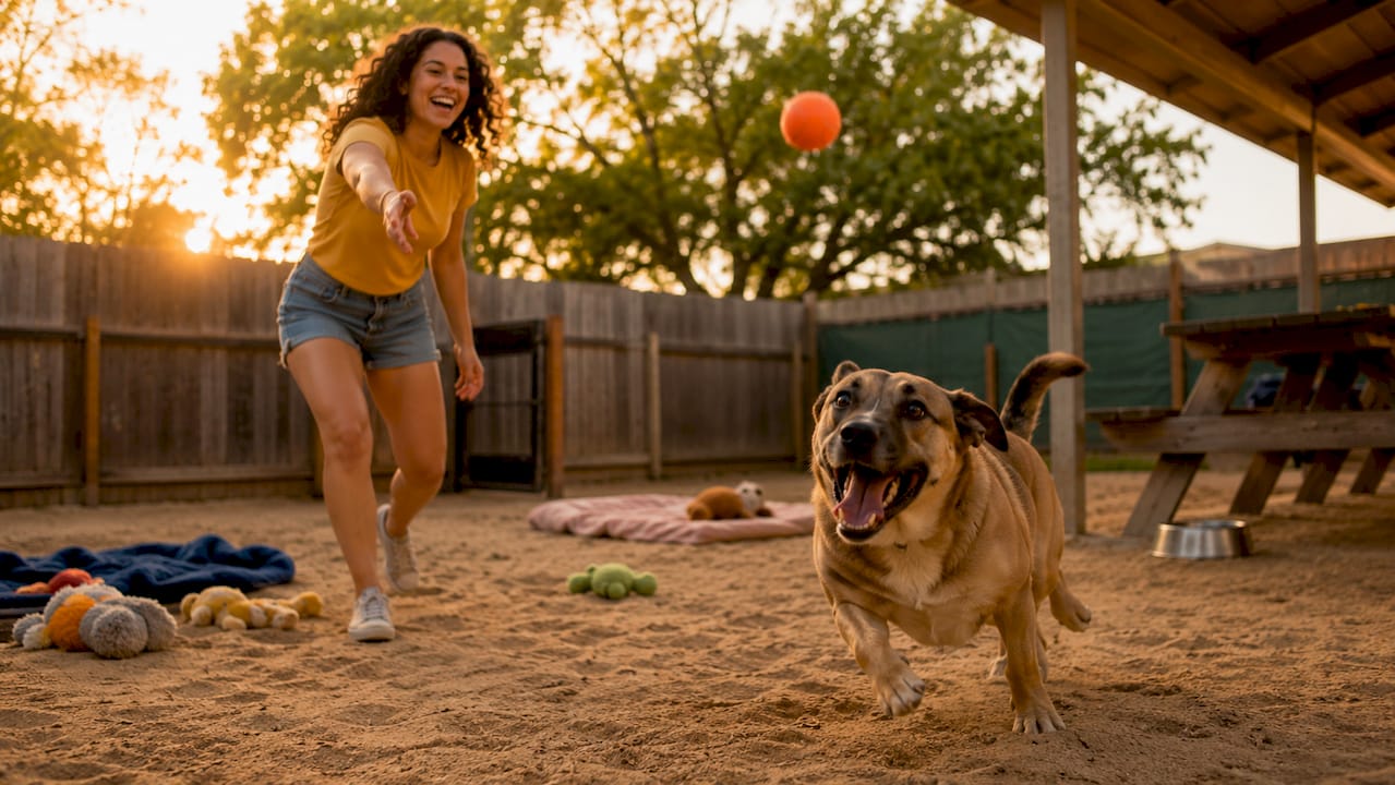 Woman playing fetch with shelter dog outdoors