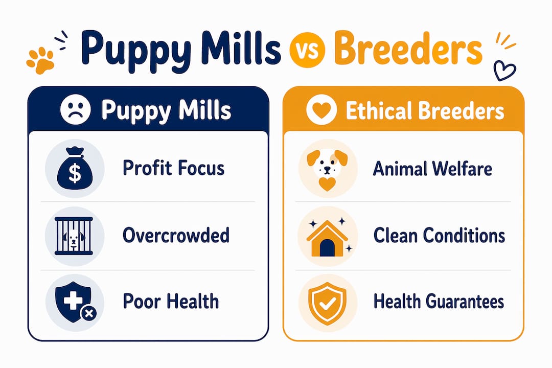 Comparison infographic of puppy mills and ethical breeders