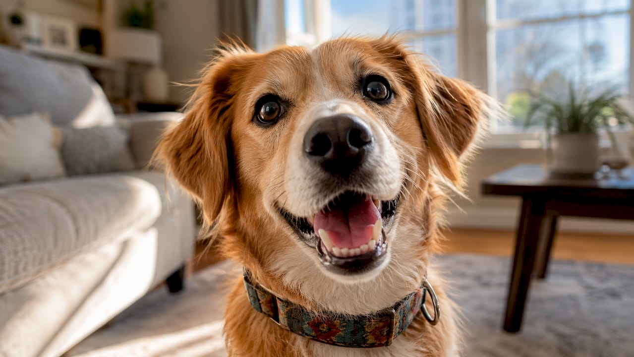 Close-up face photo of happy dog outside