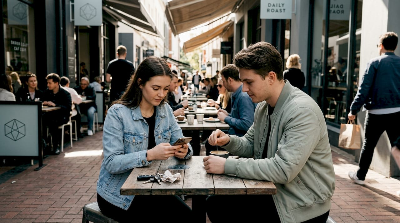 Young people in denim and bomber jackets at café