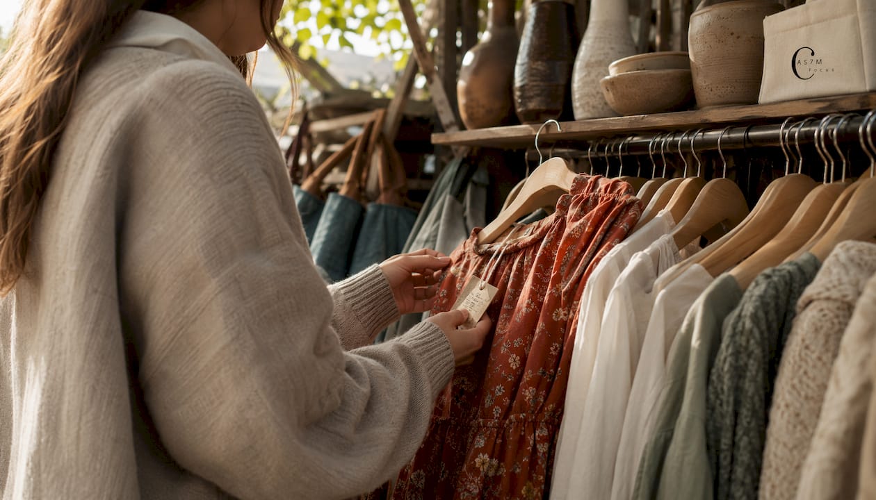 Hands examining sustainable clothing labels