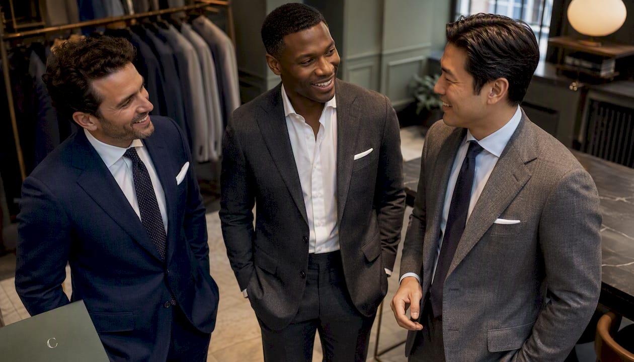 Three men wearing different suit cuts side-by-side