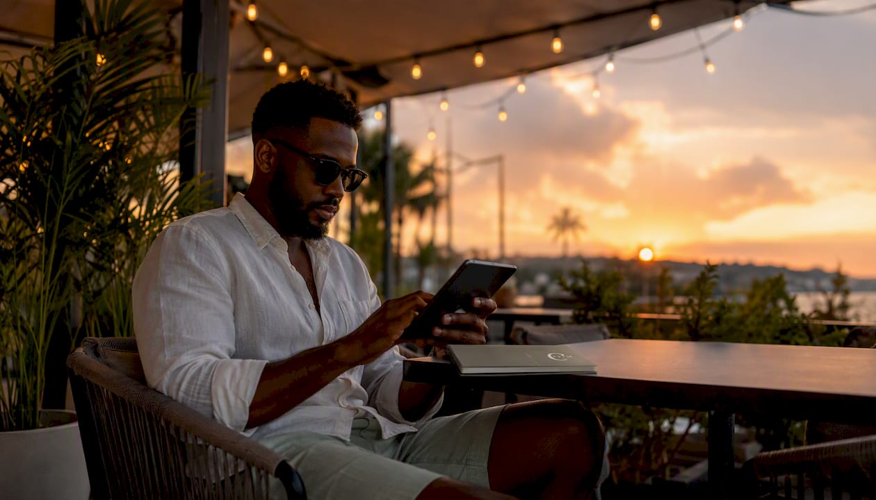 Man browsing workwear online store on smartphone