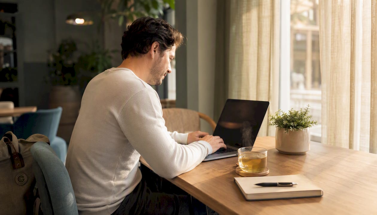 Person browsing minimalist fashion on laptop at home