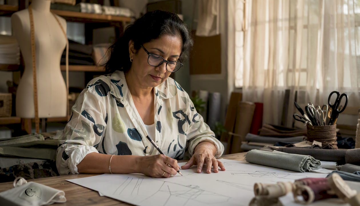 Fashion designer sketching sustainable clothing patterns