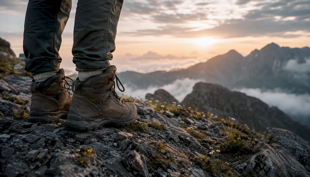 Close-up hiking boots on rocky trail