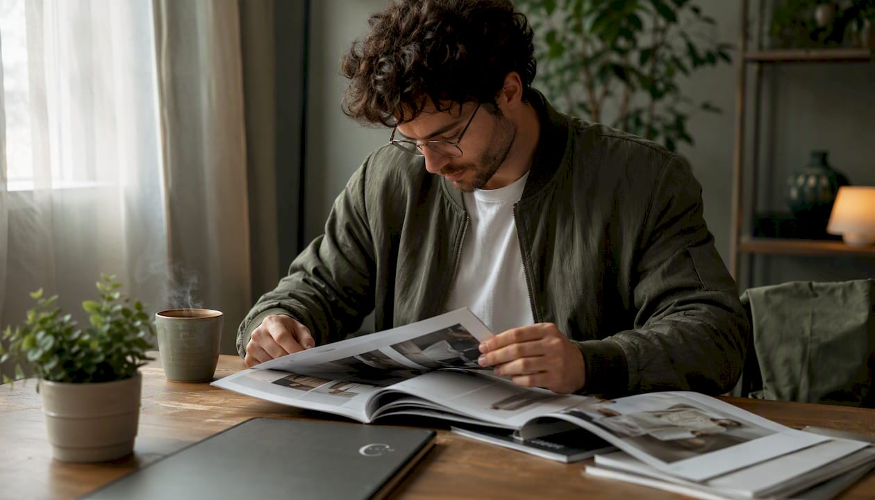 Man browsing fashion catalogues in café