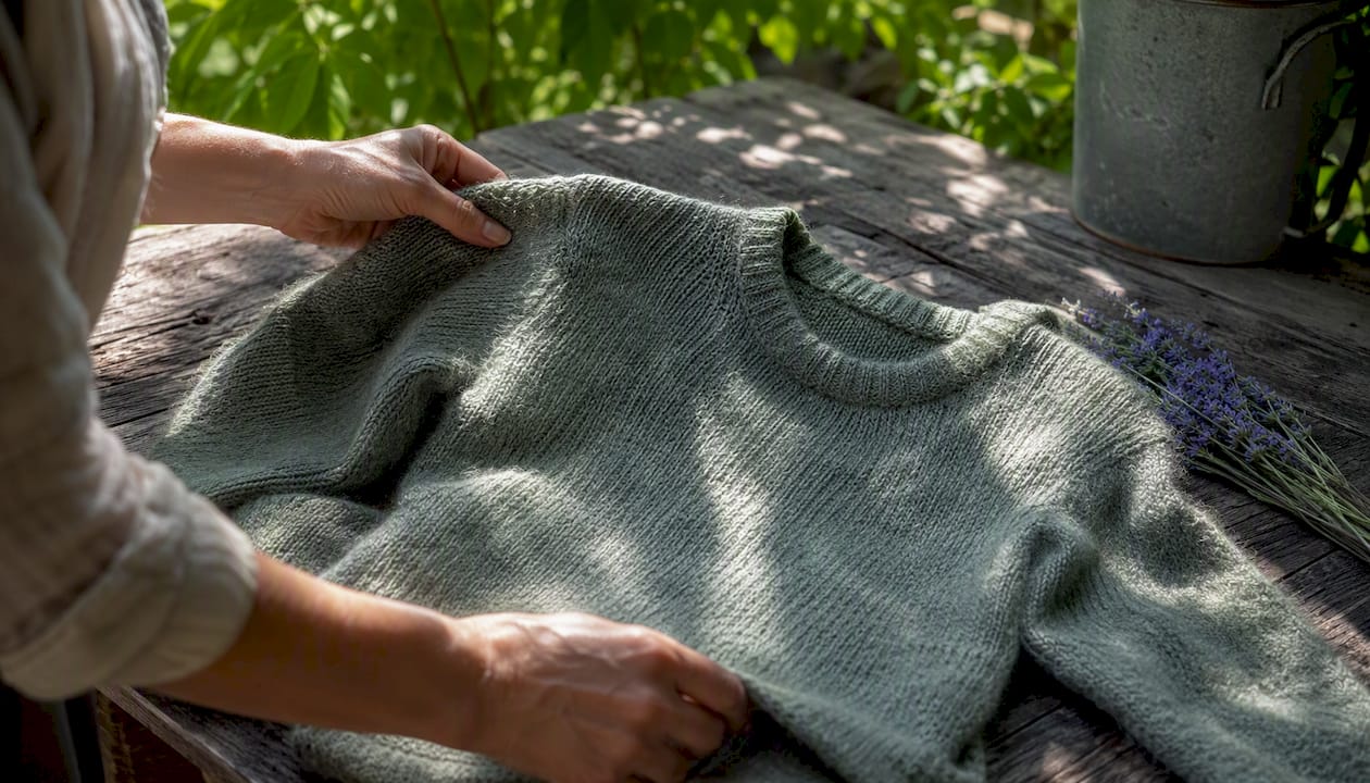 Hands reshaping damp sweater on flat drying rack