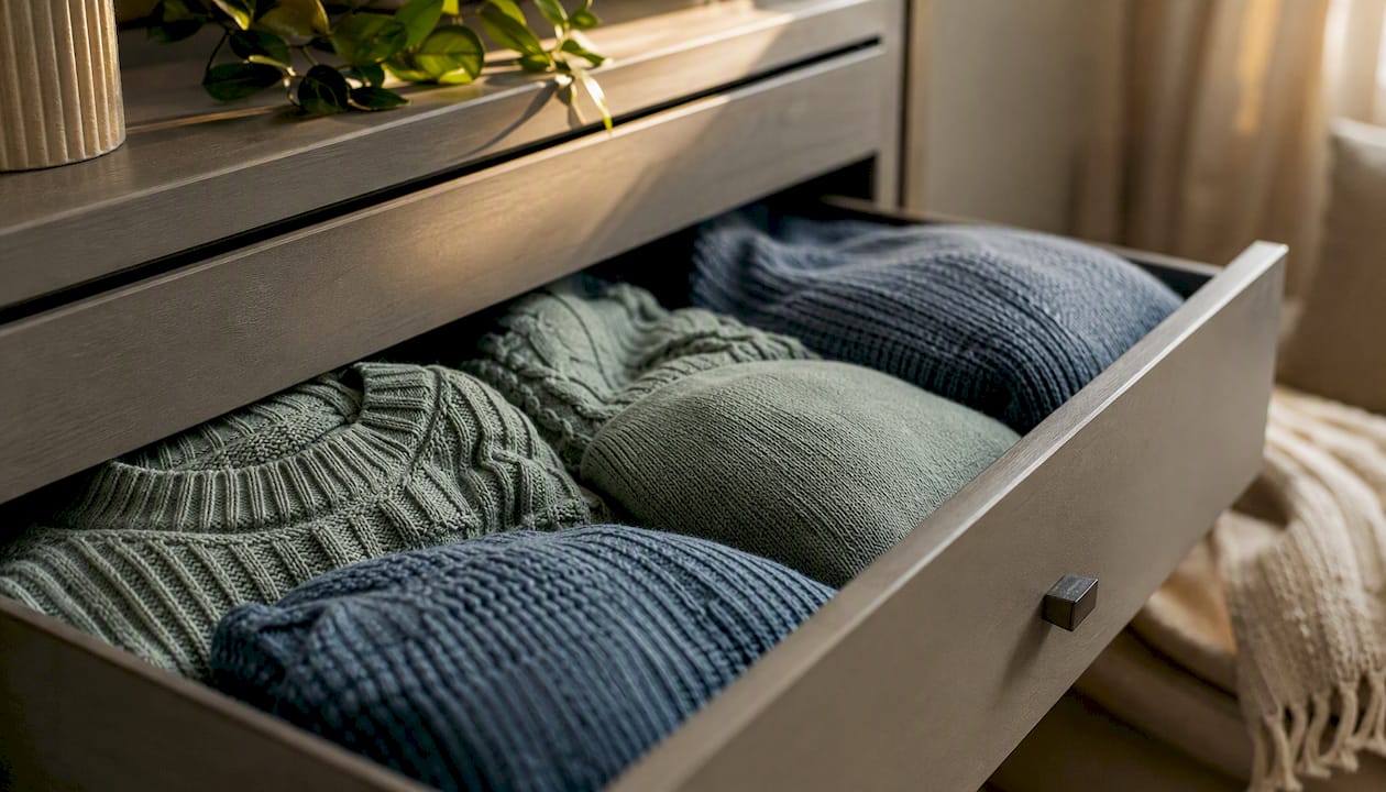 Folded wool sweaters in a drawer
