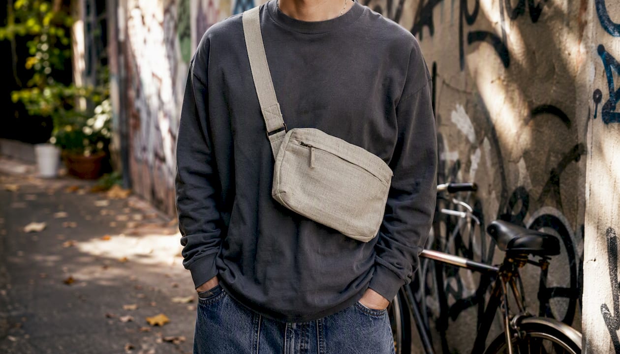 Streetwear outfit with linen sling bag front-facing