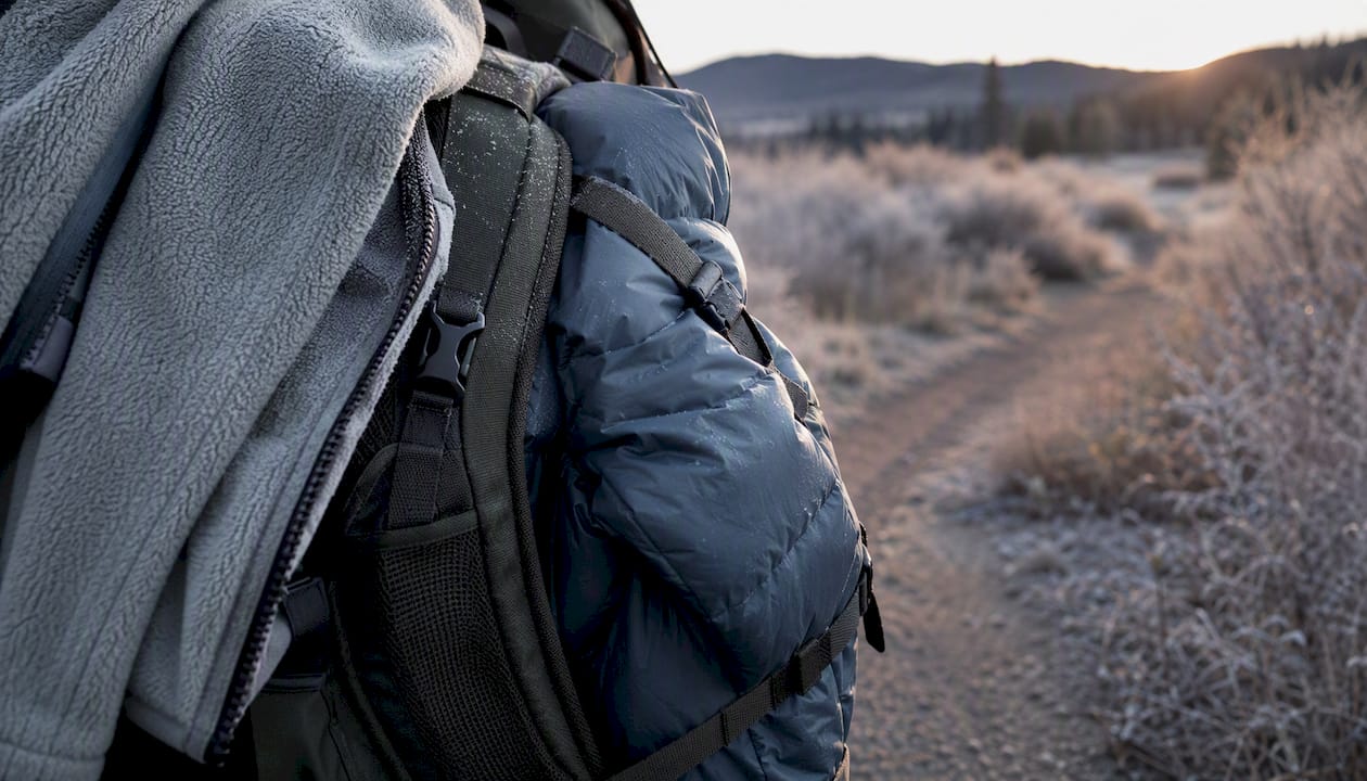 Mid-layer fleece and synthetic puffy jacket on backpack