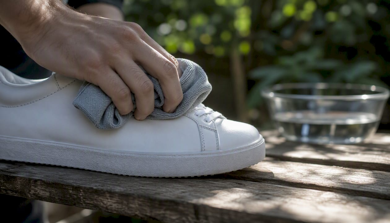 Hand wiping smooth leather sneaker with cloth