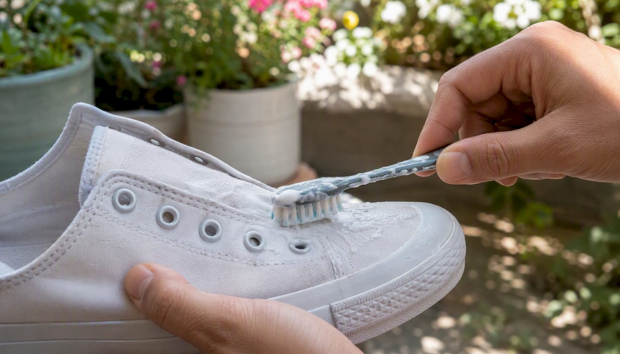 Scrubbing canvas sneaker with baking soda paste