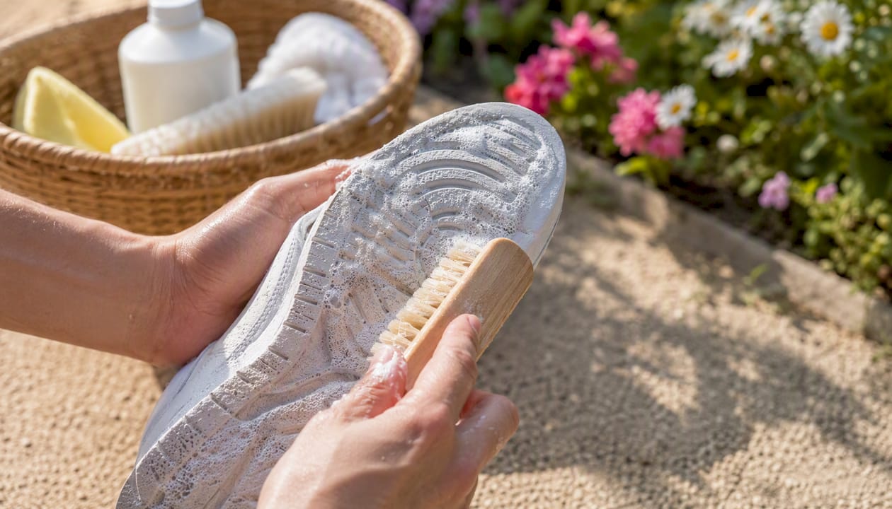Scrubbing rubber outsole of sneaker with brush