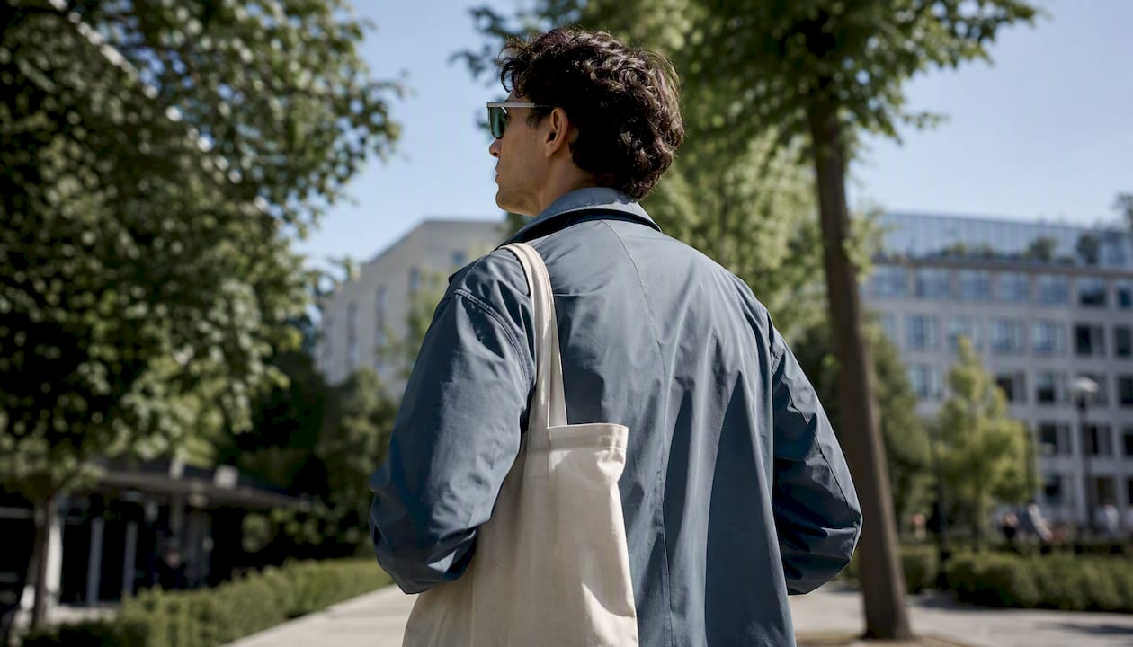 Person walking in casual water-resistant jacket urban setting