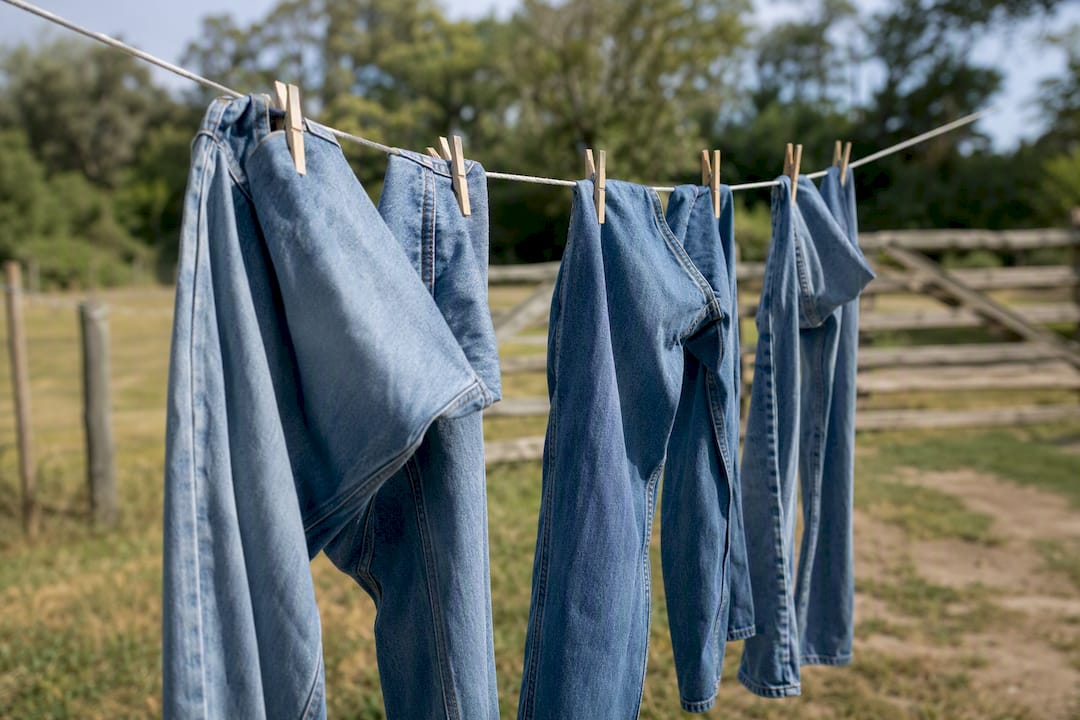 Denim jeans air drying on an outdoor clothesline