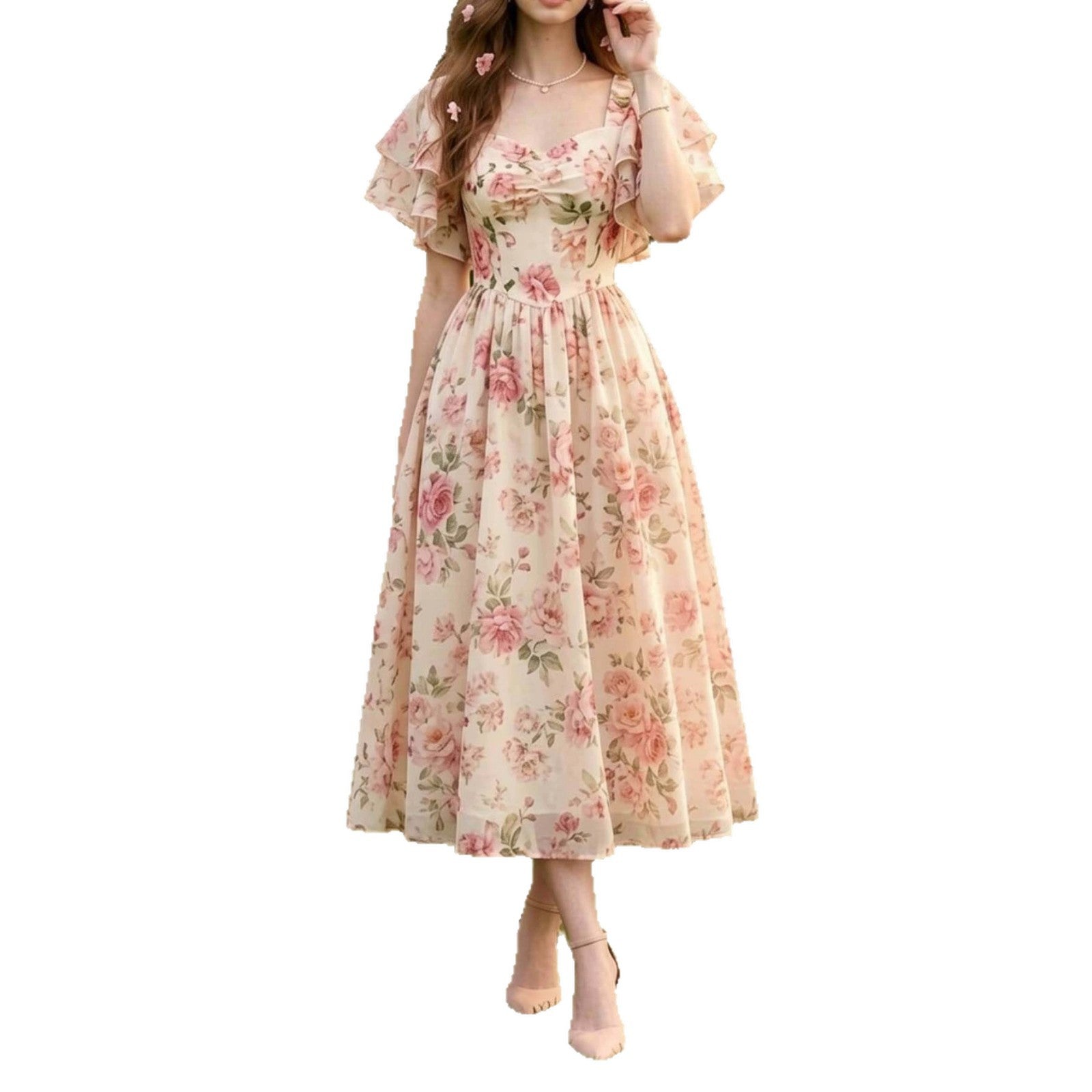 Square-neck Puff-sleeve Floral Print Waist-cinched Midi Dress With A Flared Hem