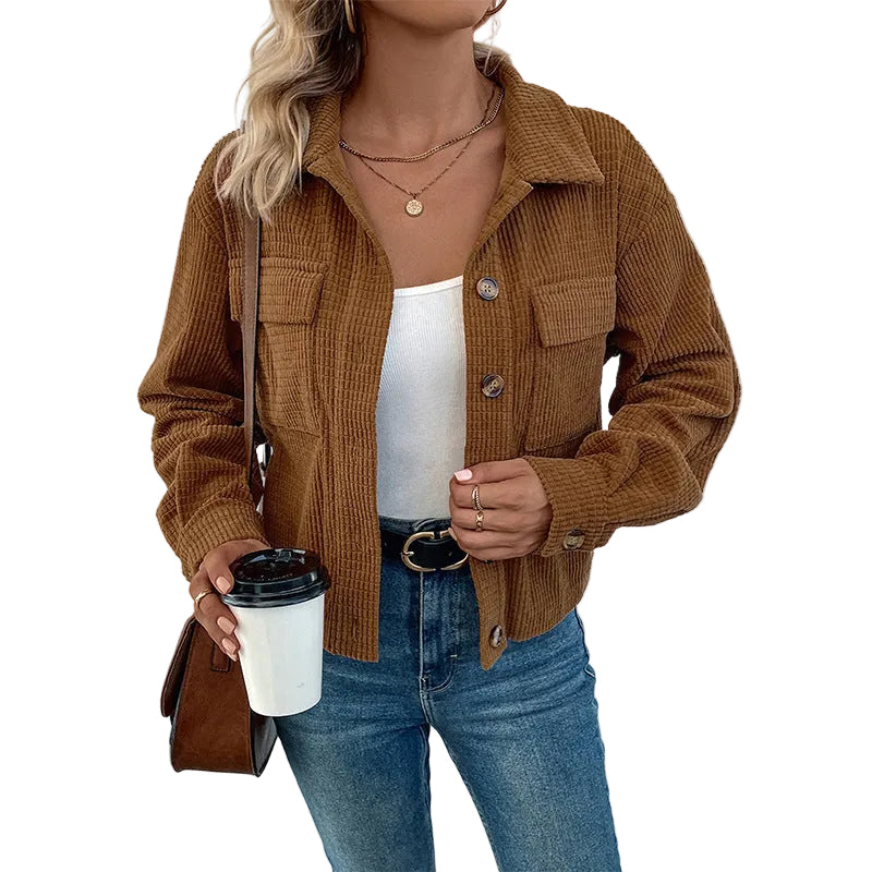 Autumn And Winter Corduroy Polo Collar Jacket Vintage Brown Pocket Coat Women