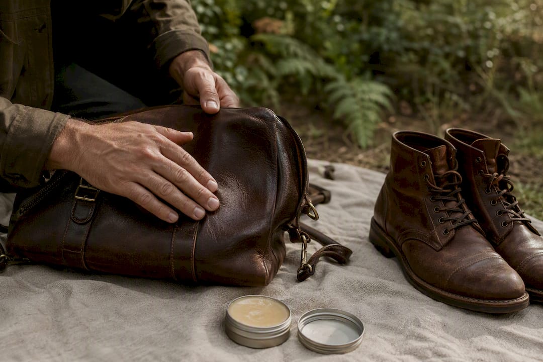 Hands conditioning leather bag with shoes nearby