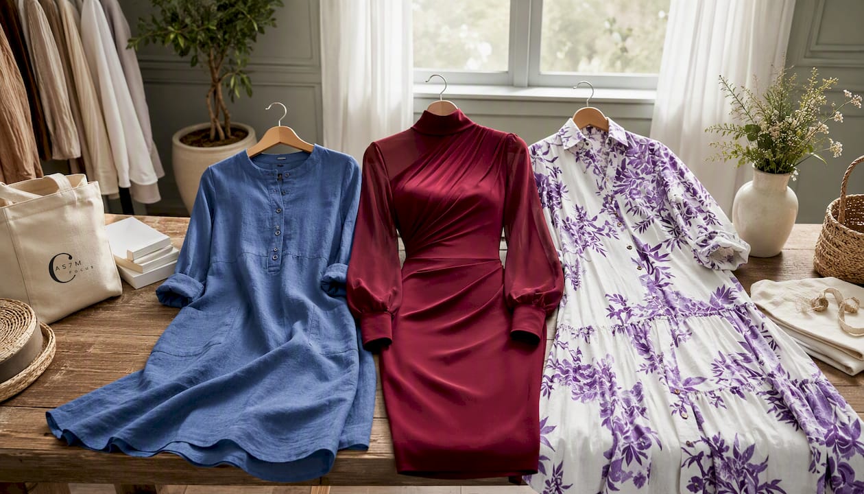 Plus Size Women's Cotton And Linen Round Neck Long Sleeve Dress
