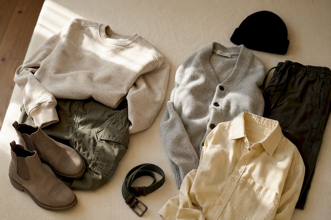 Flat lay of neutral-tone outfit combinations