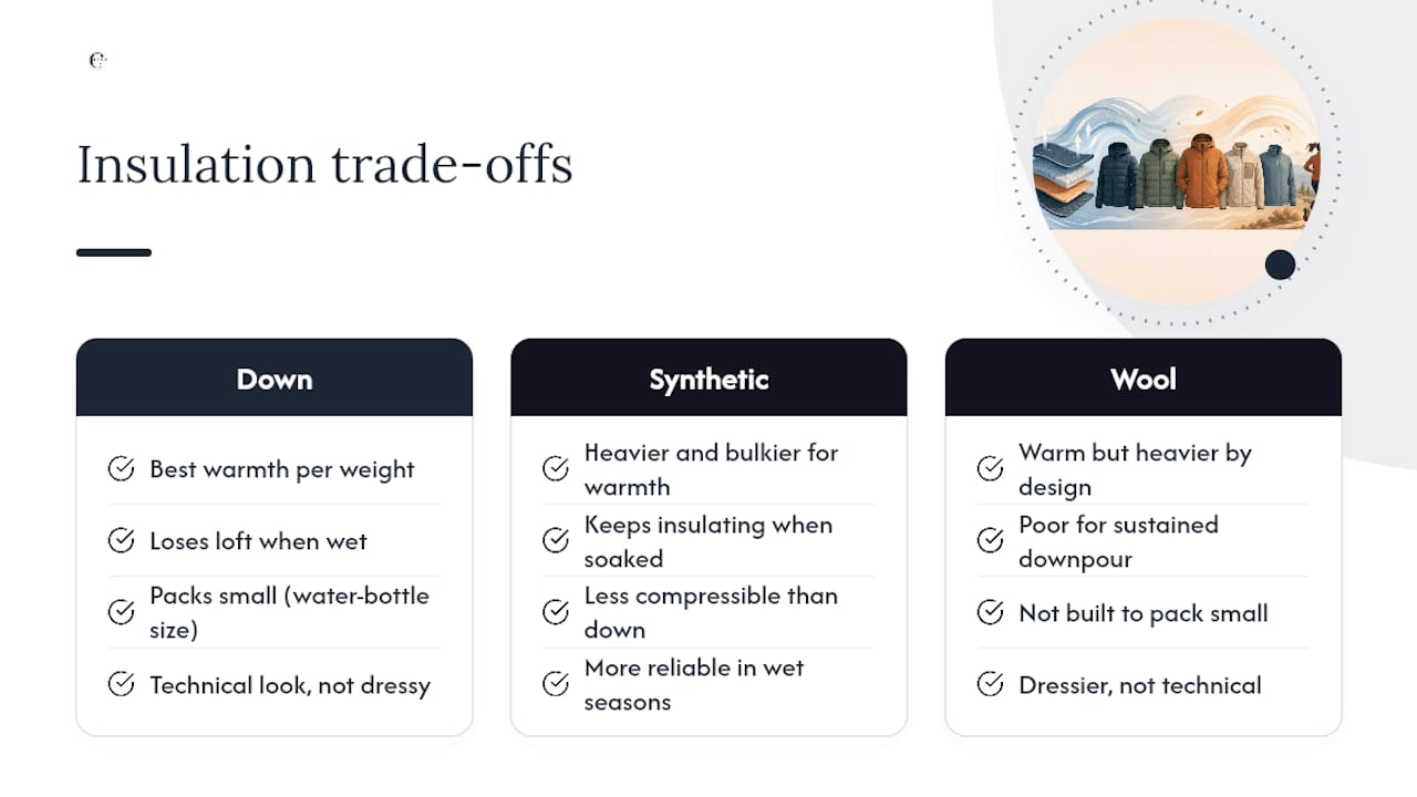 Comparison of down synthetic and wool insulation