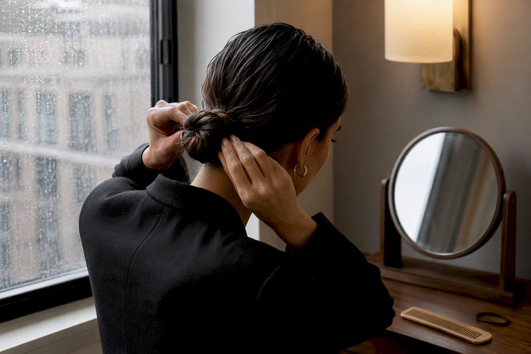 Person creating a low bun for rainy weather