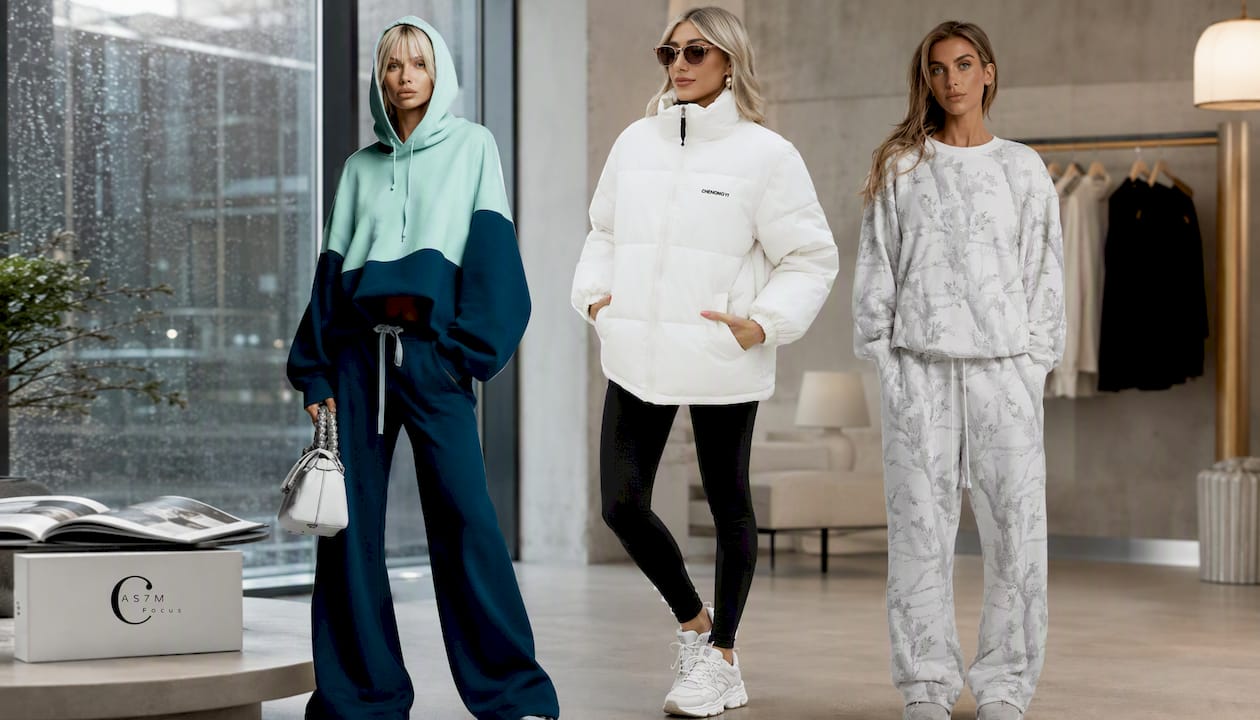 Color-blocked hoodie and wide-leg pants two-piece set for rainy day streetwear