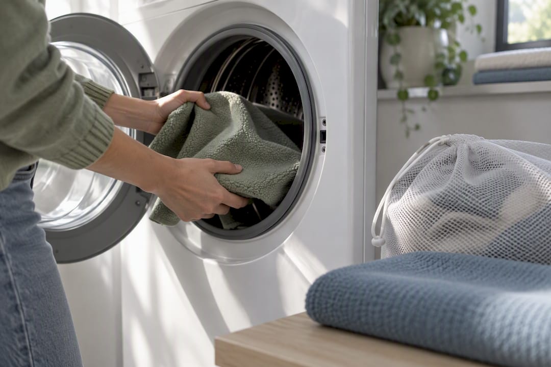 Hands placing fleece fabric in washing machine