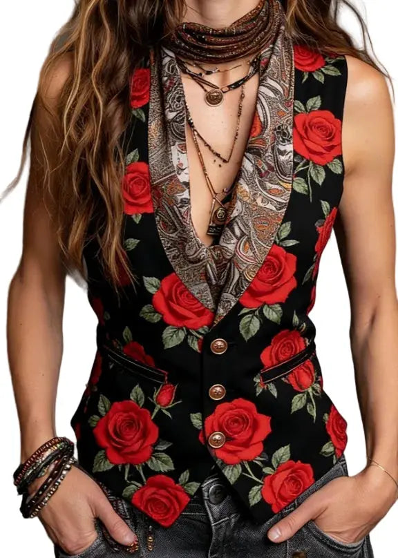 V-neck Button-down Sleeveless Slim-fit Short Vest