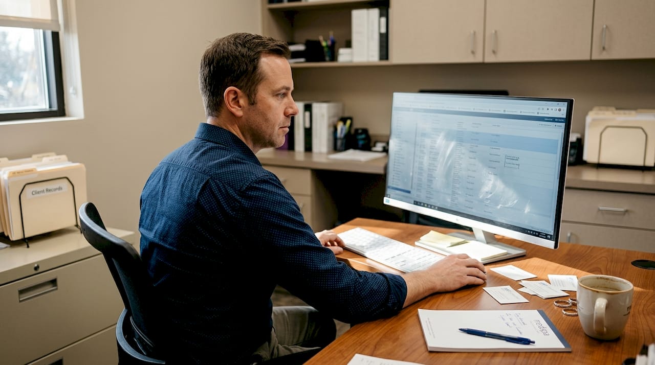 Manager reviews client CRM in medspa office