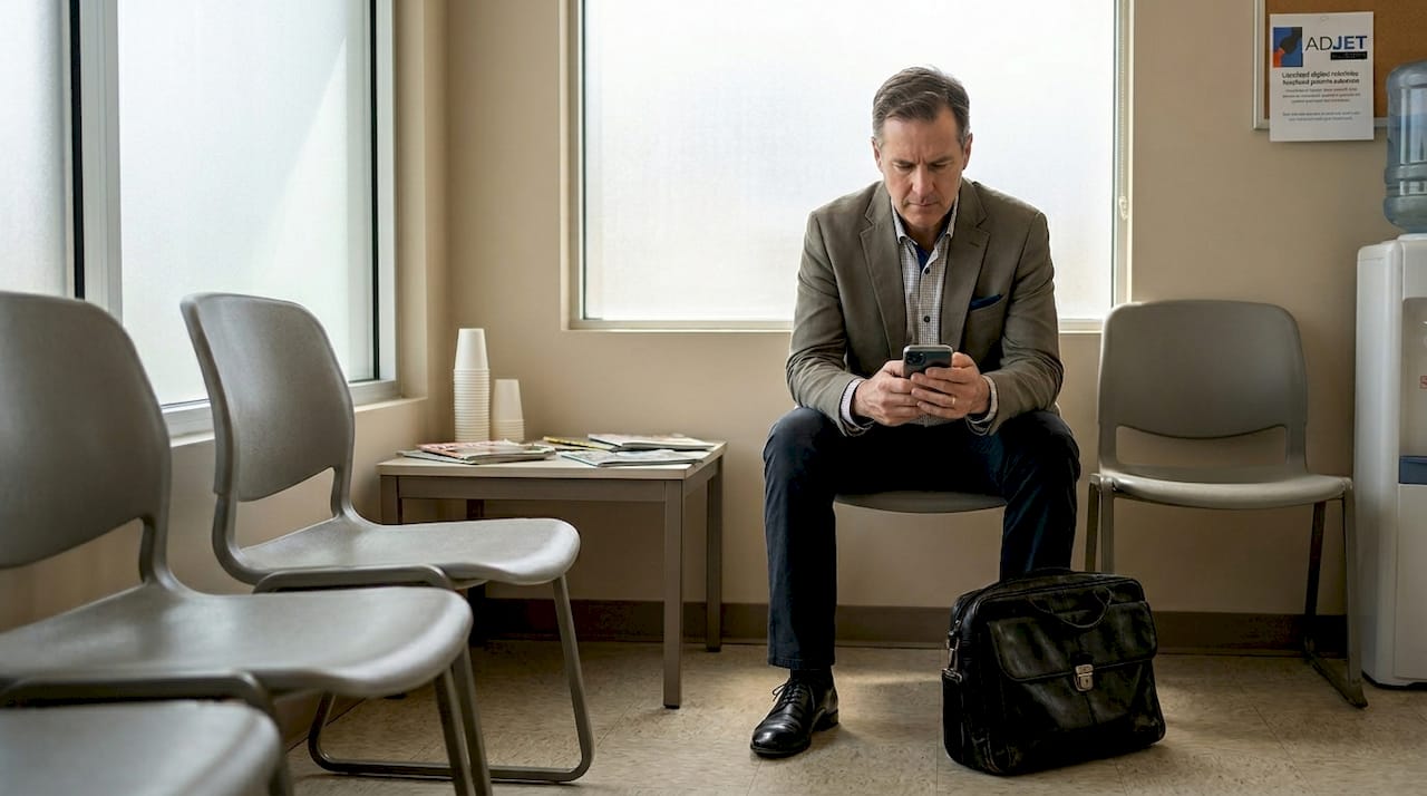 Patient searching clinic online in waiting room